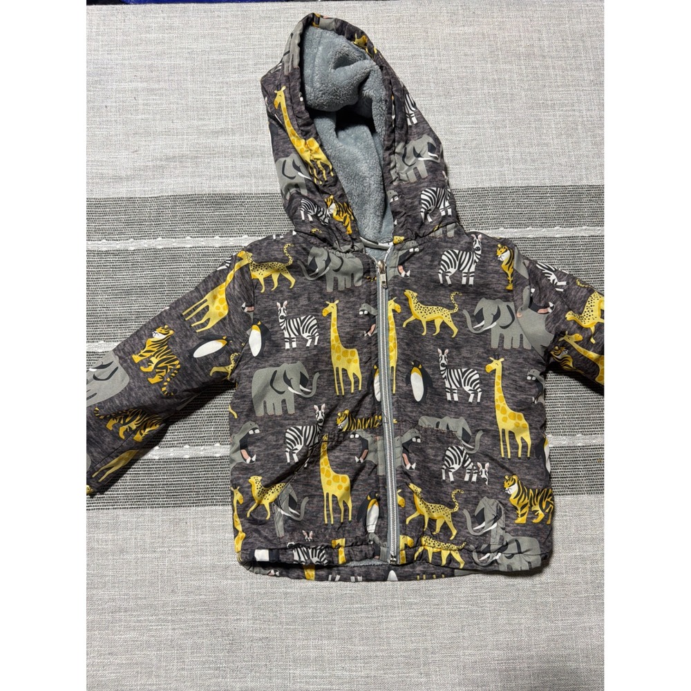 Cat & Jack Toddler Boys 18M Safari Animal Print Fleece Lined Hooded Jacket Gray